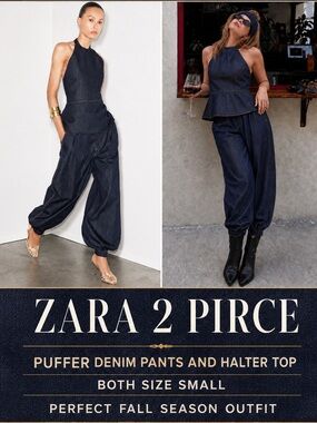 TREND 2 PIRCE ZARA NEW PUFFY DENIM PANTS AND HALTER TOP  S 
🚨NO DISCOUNT